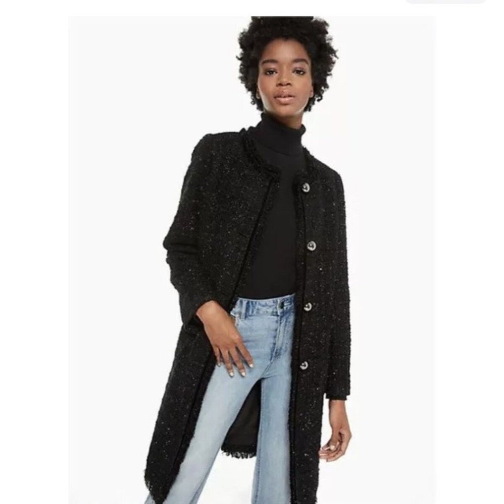 Kate Spade Sparkle Tweed Long Coat Jacket Black Size 4 New! - Picture 3 of 10